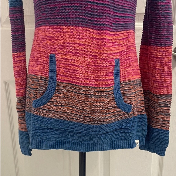 ROXY Yuma blue pink multicolor knit kangaroo pocket pullover hoodie Sz M - Picture 3 of 11